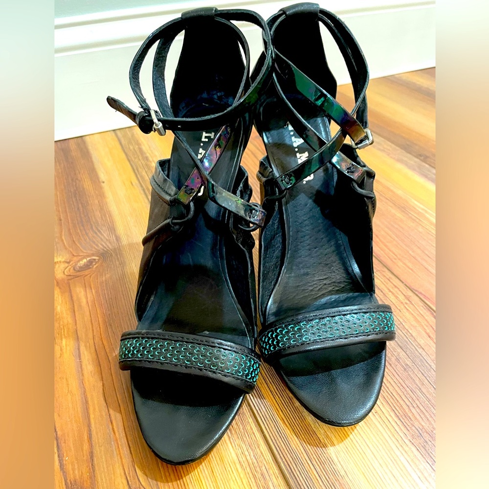 L.A.M.B. Black Heels with teal accents & iridescent ankle straps. Size 8
